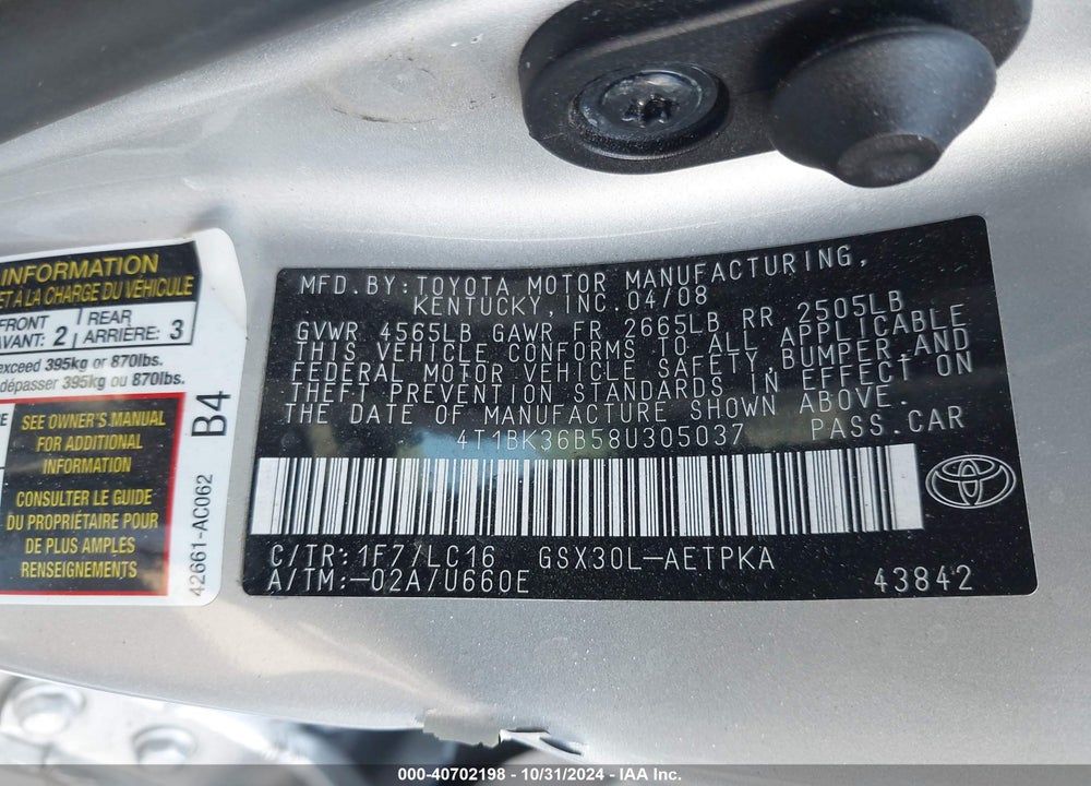 2008 TOYOTA AVALON LIMITED VIN: 4T1BK36B58U305037