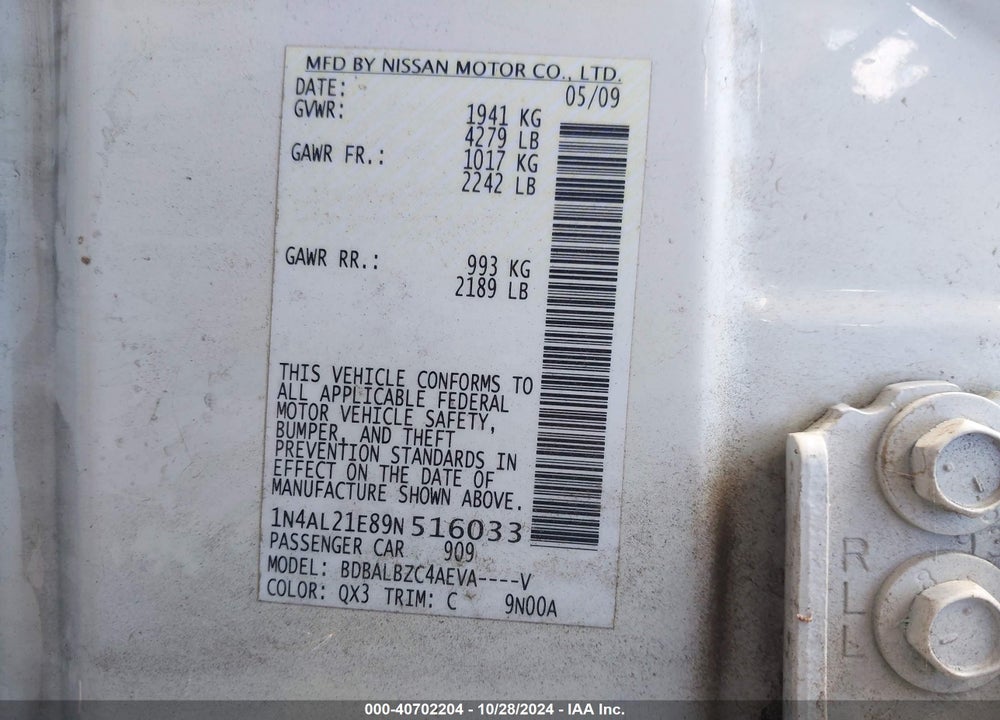 2009 NISSAN ALTIMA 2.5 S VIN: 1N4AL21E89N516033