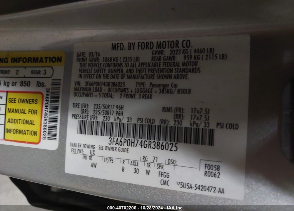 2016 FORD FUSION SE VIN: 3FA6P0H74GR386025