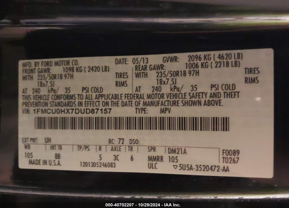 2013 FORD ESCAPE SEL VIN: 1FMCU0HX7DUD87157