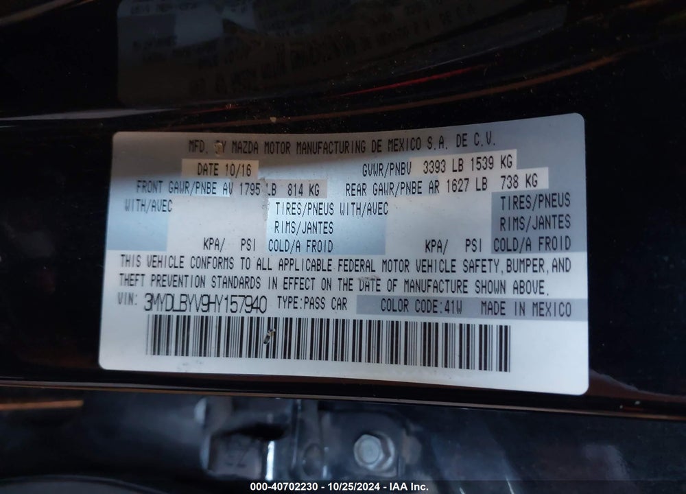 2017 TOYOTA YARIS IA VIN: 3MYDLBYV9HY157940