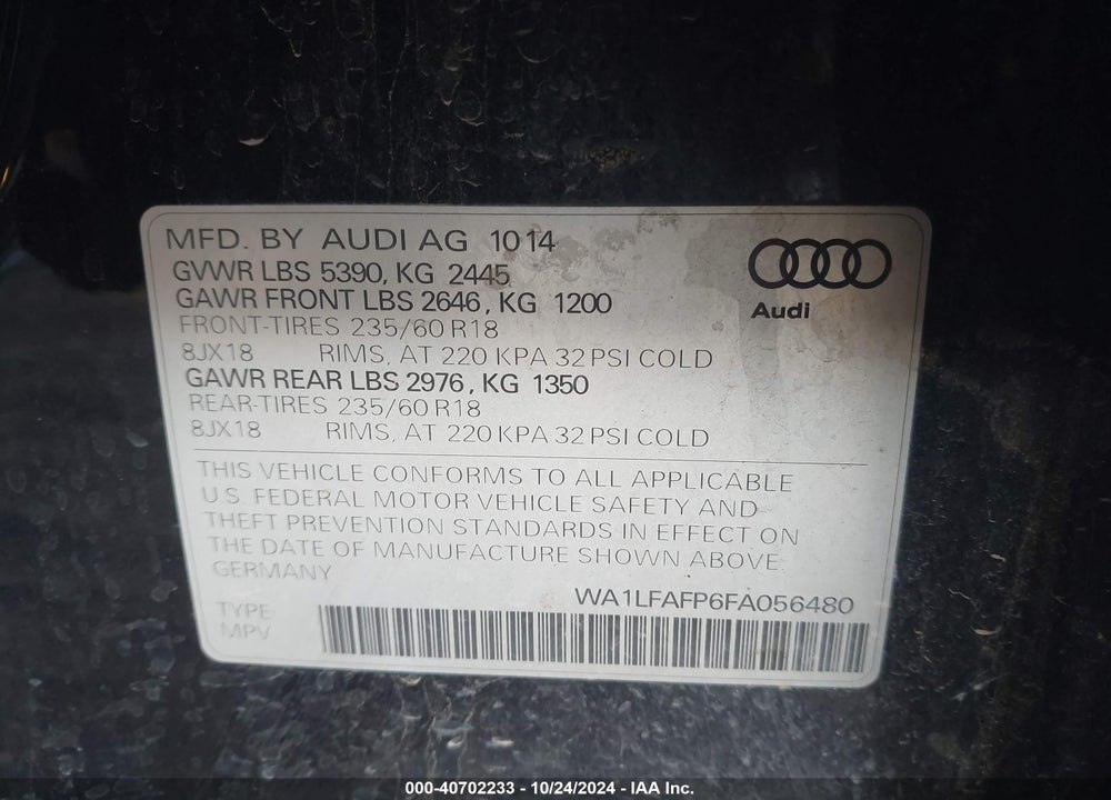 2015 AUDI Q5 2.0T PREMIUM VIN: WA1LFAFP6FA056480