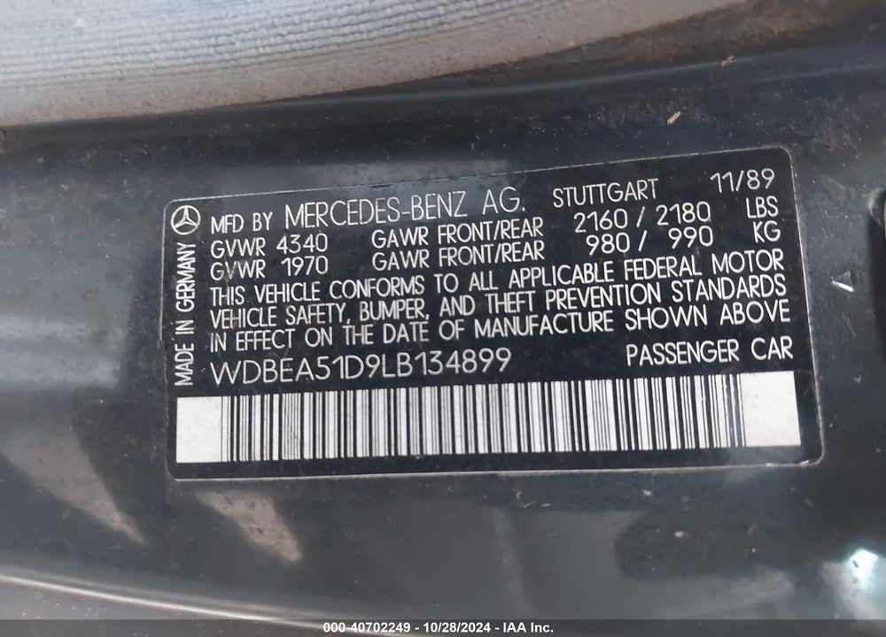 1990 MERCEDES-BENZ 300 CE VIN: WDBEA51D9LB134899