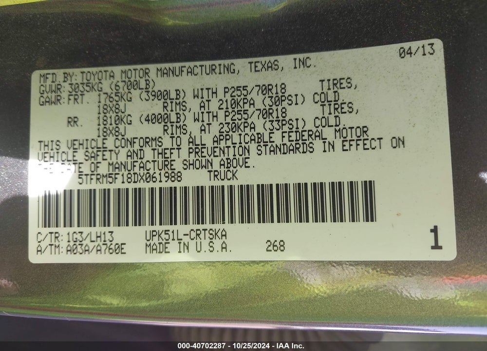 2013 TOYOTA TUNDRA GRADE 4.6L V8 VIN: 5TFRM5F18DX061988