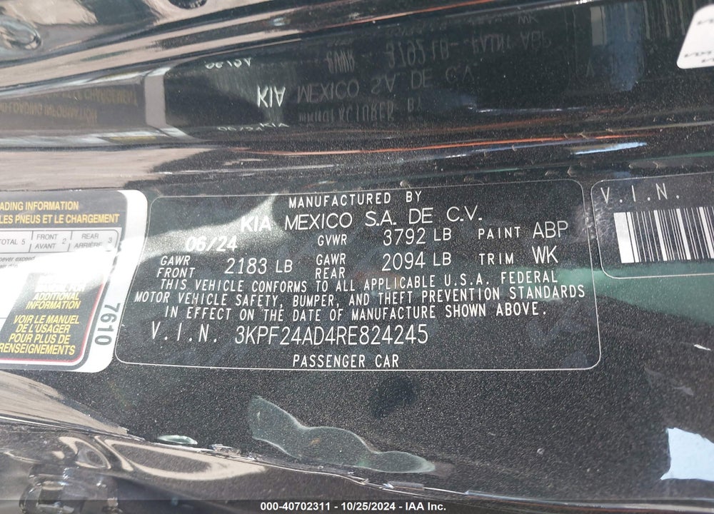 2024 KIA FORTE VIN: 3KPF24AD4RE824245