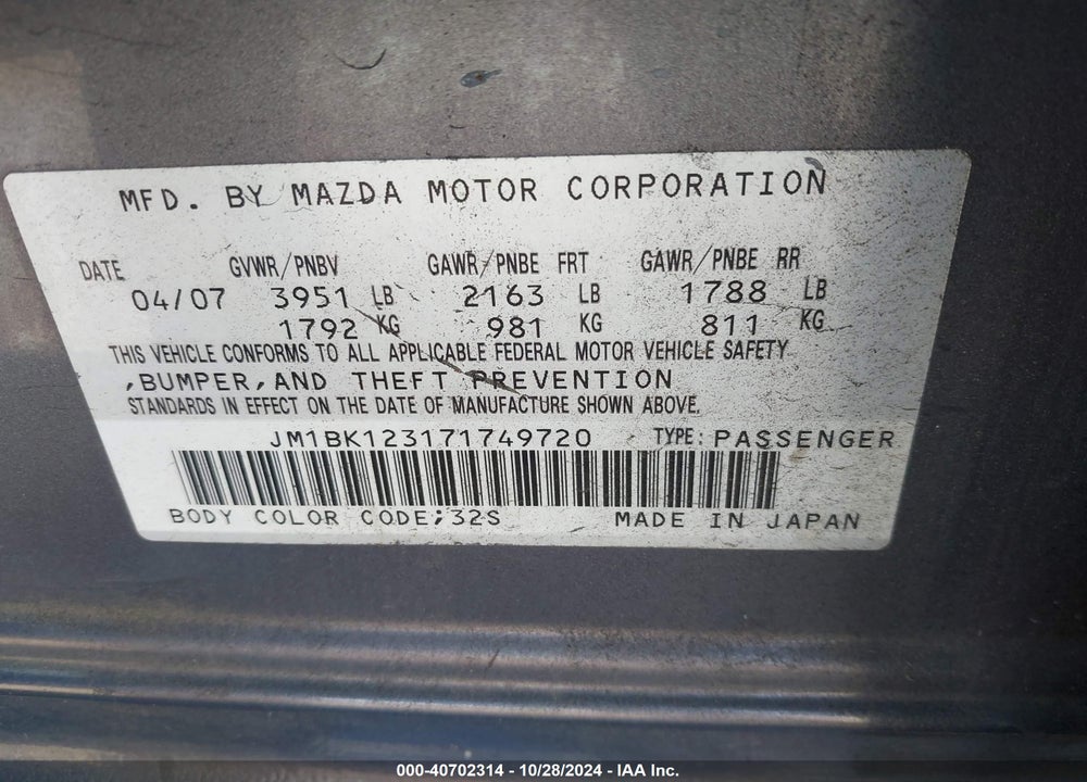 2007 MAZDA 3 S SPORT VIN: JM1BK123171749720