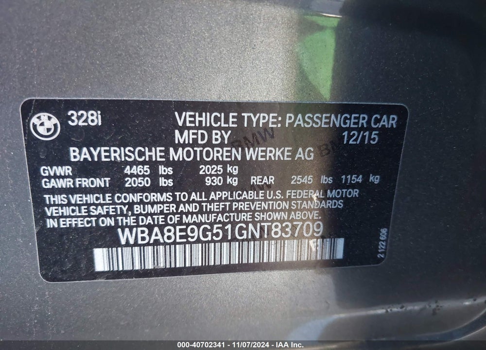 2016 BMW 328I VIN: WBA8E9G51GNT83709