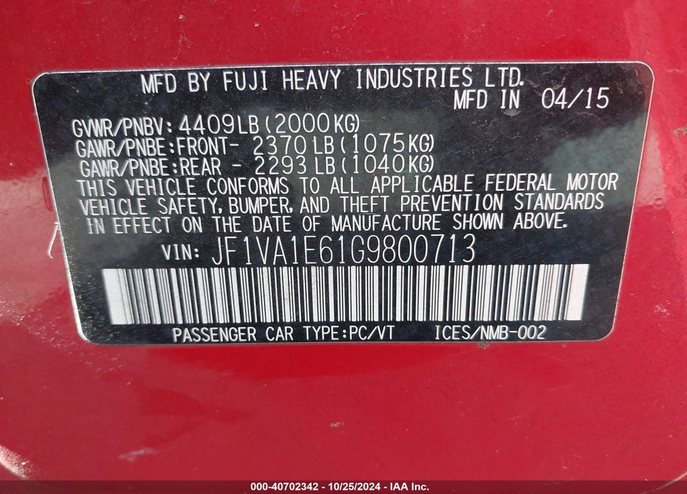 2016 SUBARU WRX PREMIUM VIN: JF1VA1E61G9800713