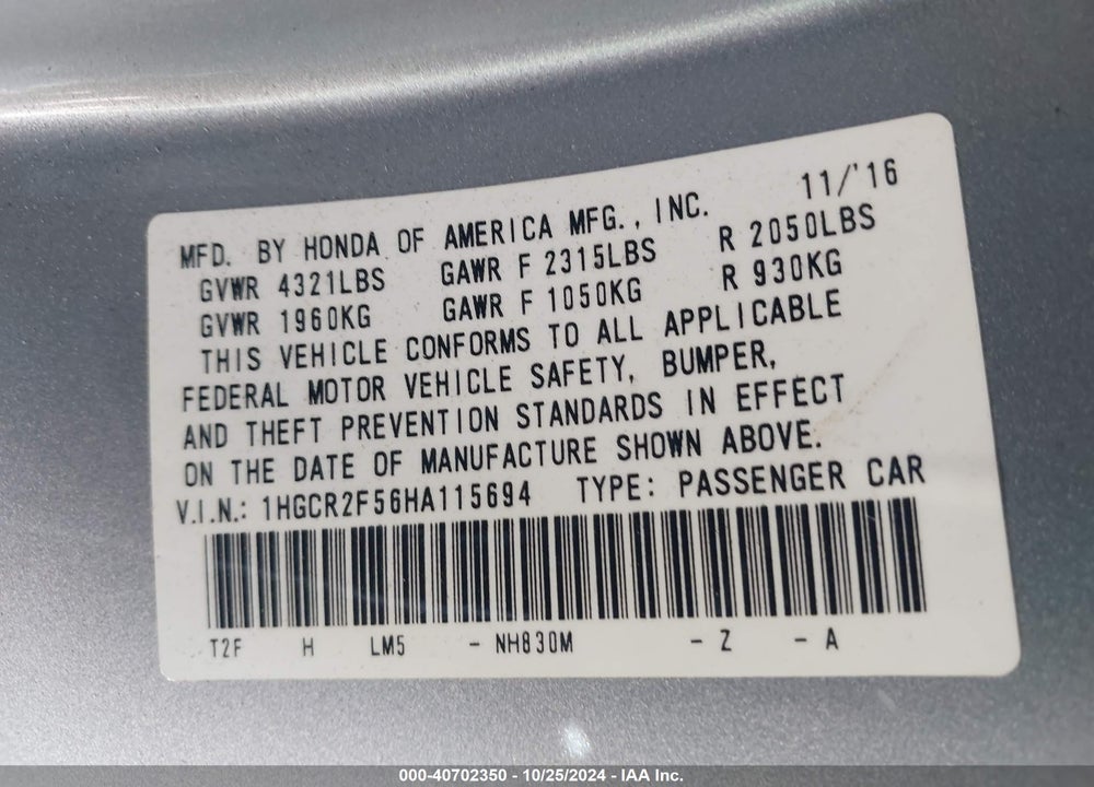 2017 HONDA ACCORD SPORT VIN: 1HGCR2F56HA115694