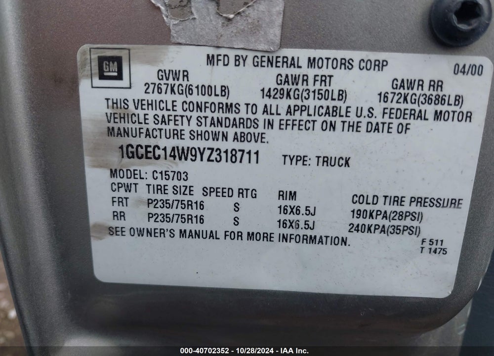 2000 CHEVROLET SILVERADO 1500 VIN: 1GCEC14W9YZ318711