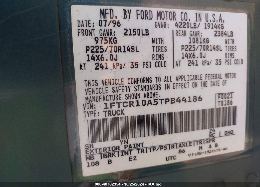 1996 FORD RANGER VIN: 1FTCR10A5TPB44186
