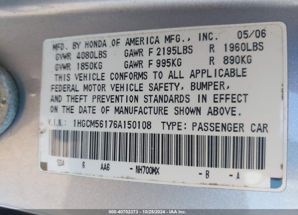 2006 HONDA ACCORD 2.4 VP VIN: 1HGCM56176A150108
