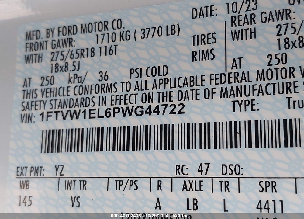 2023 FORD F-150 LIGHTNING PRO VIN: 1FTVW1EL6PWG44722