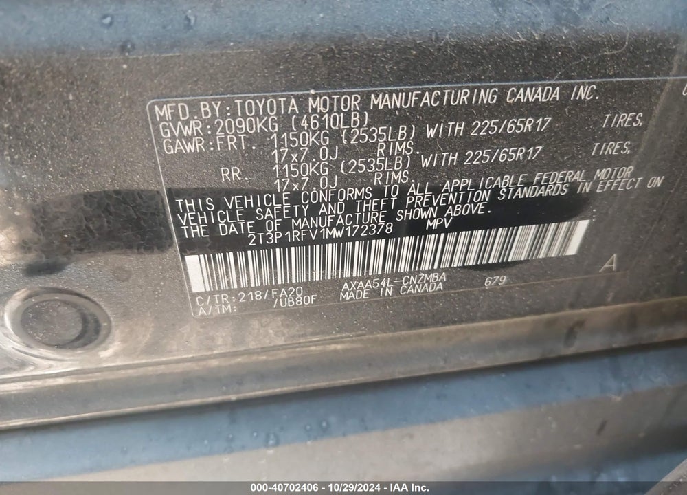 2021 TOYOTA RAV4 XLE VIN: 2T3P1RFV1MW172378