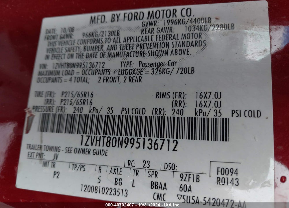 2009 FORD MUSTANG V6/V6 PREMIUM VIN: 1ZVHT80N995136712