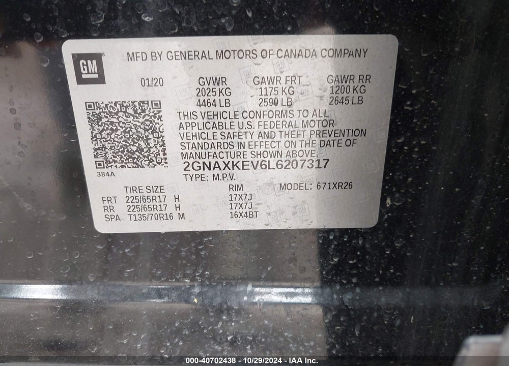 2020 CHEVROLET EQUINOX FWD LT 1.5L TURBO VIN: 2GNAXKEV6L6207317