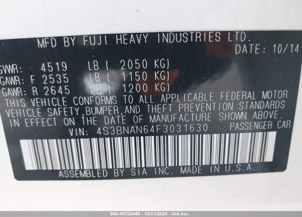 2015 SUBARU LEGACY VIN: 4S3BNAN64F3031630