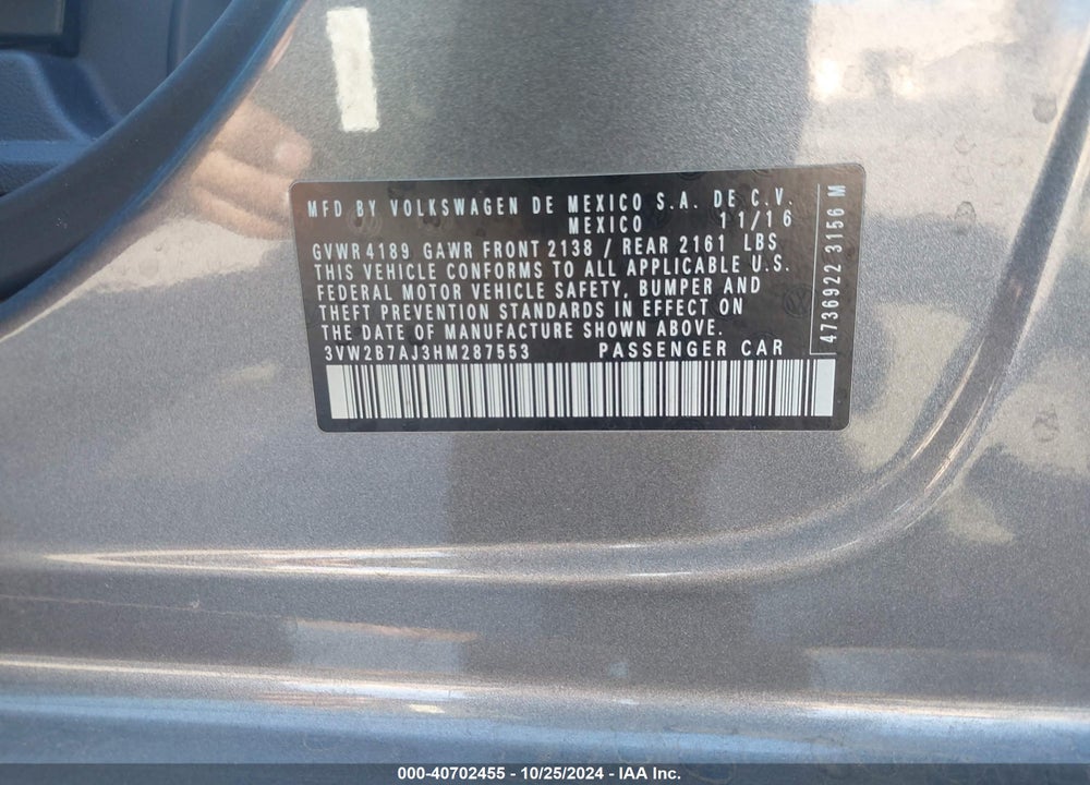 2017 VOLKSWAGEN JETTA 1.4T S VIN: 3VW2B7AJ3HM287553