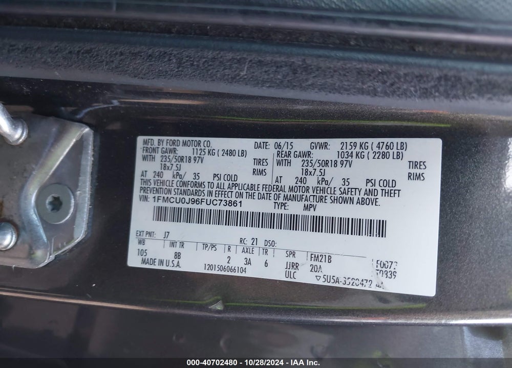 2015 FORD ESCAPE TITANIUM VIN: 1FMCU0J96FUC73861