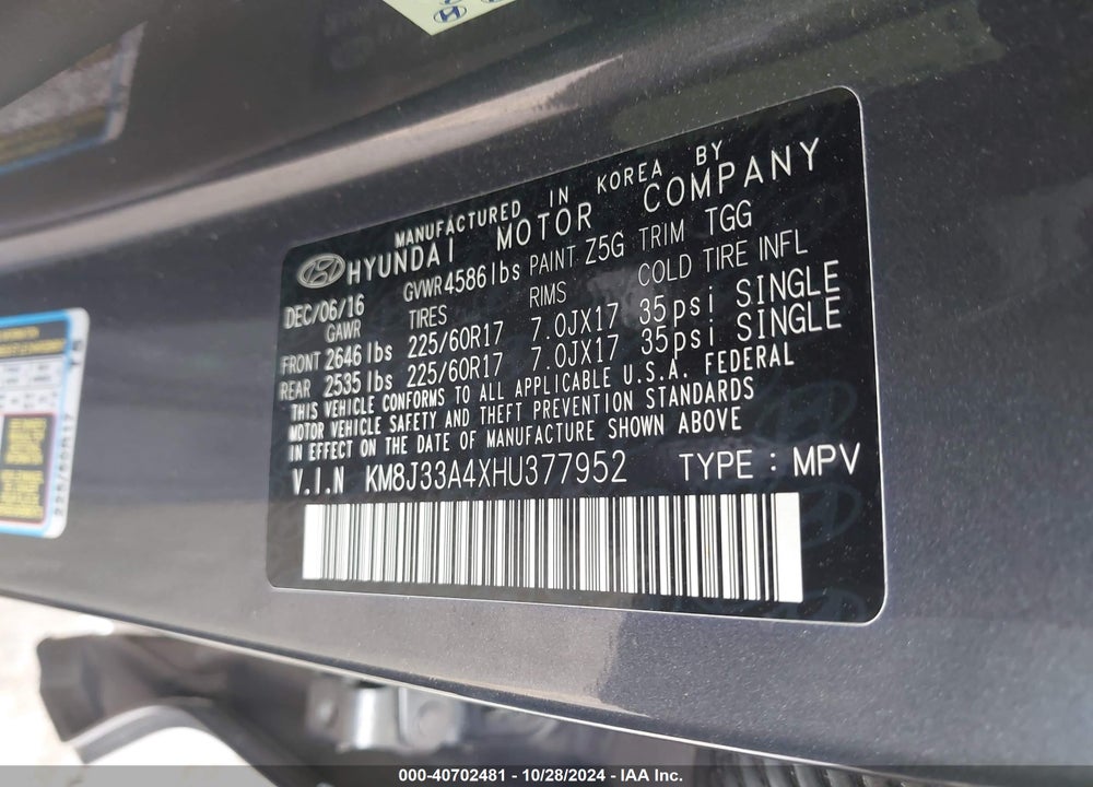 2017 HYUNDAI TUCSON SE VIN: KM8J33A4XHU377952