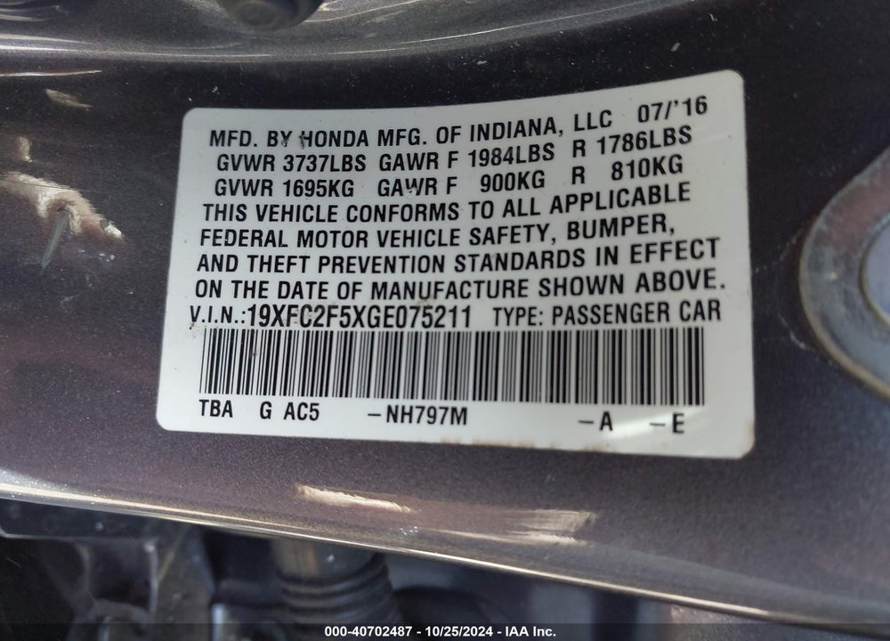 2016 HONDA CIVIC LX VIN: 19XFC2F5XGE075211