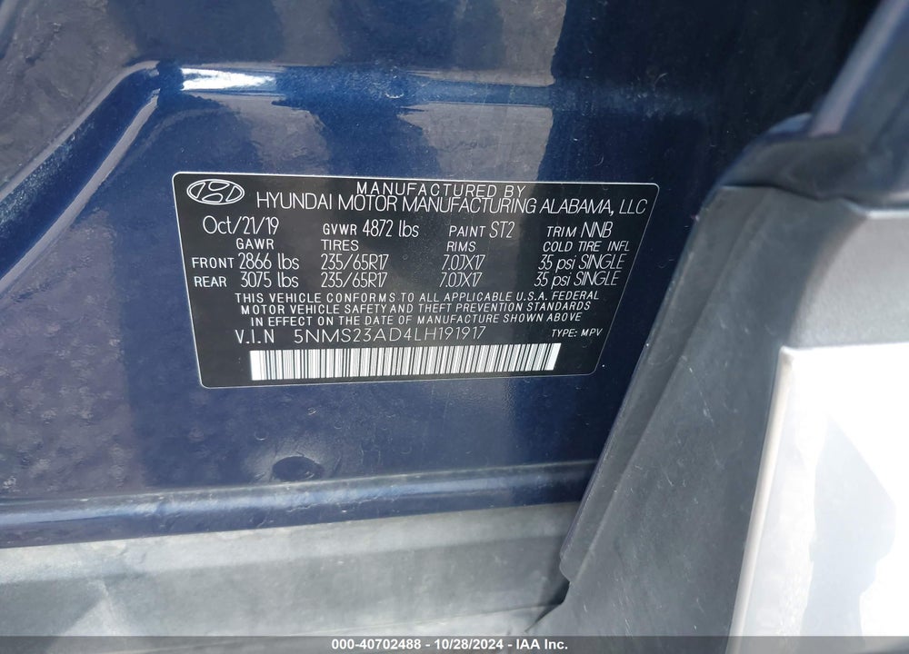 2020 HYUNDAI SANTA FE SE VIN: 5NMS23AD4LH191917