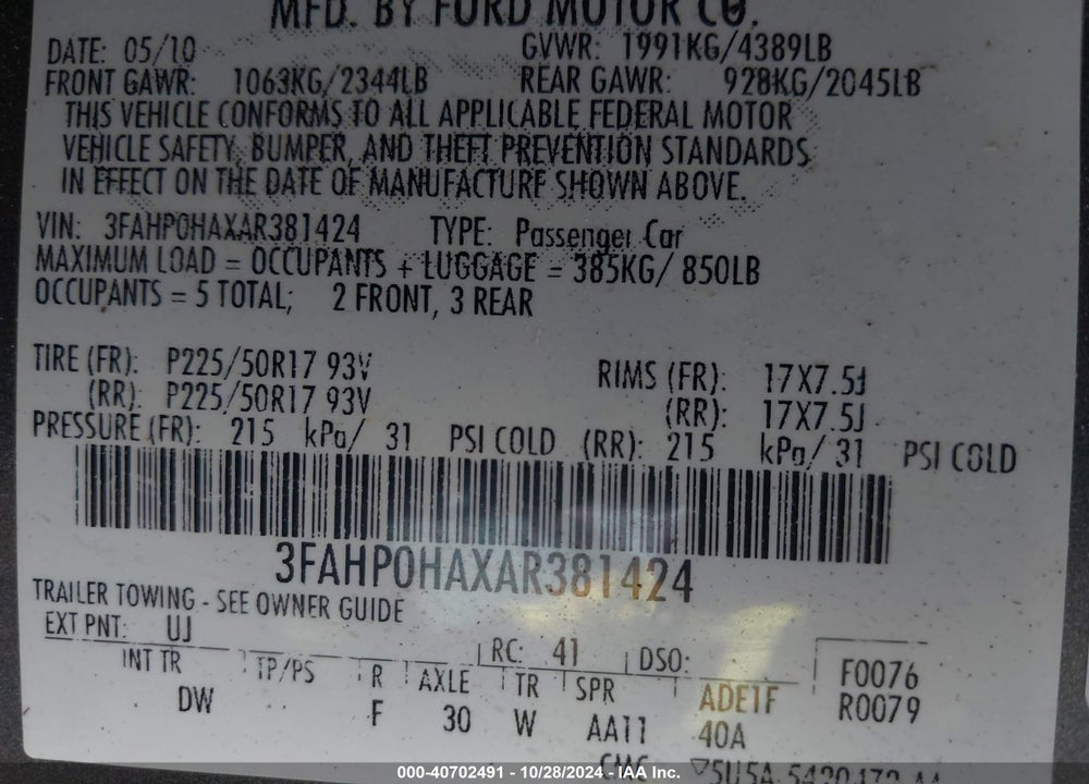 2010 FORD FUSION SE VIN: 3FAHP0HAXAR381424