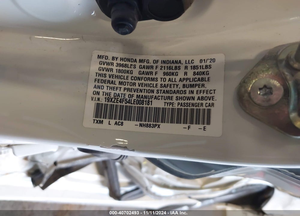 2020 HONDA INSIGHT EX VIN: 19XZE4F54LE008181