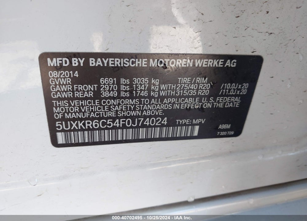 2015 BMW X5 XDRIVE50I VIN: 5UXKR6C54F0J74024