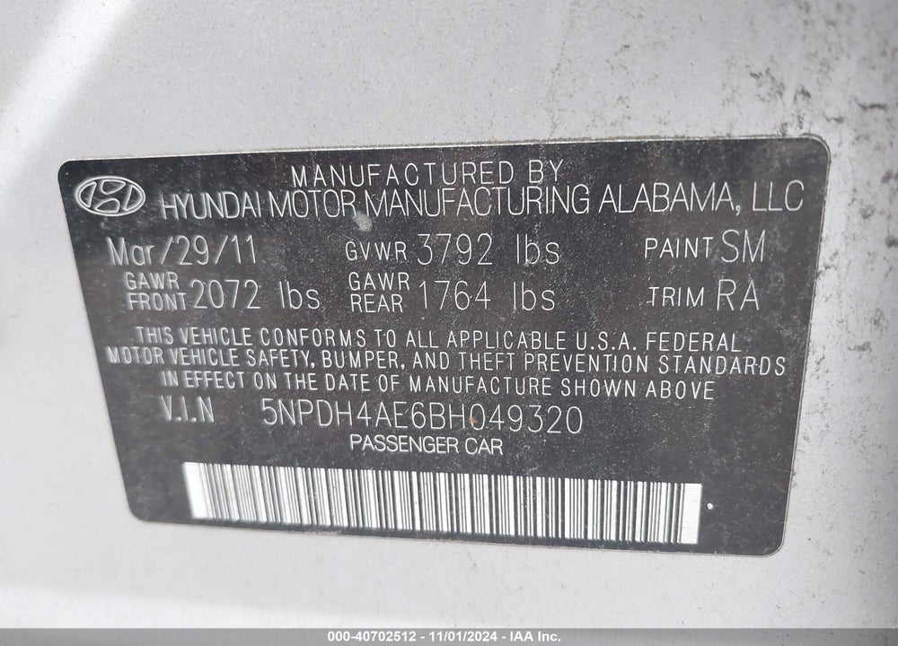 2011 HYUNDAI ELANTRA GLS VIN: 5NPDH4AE6BH049320