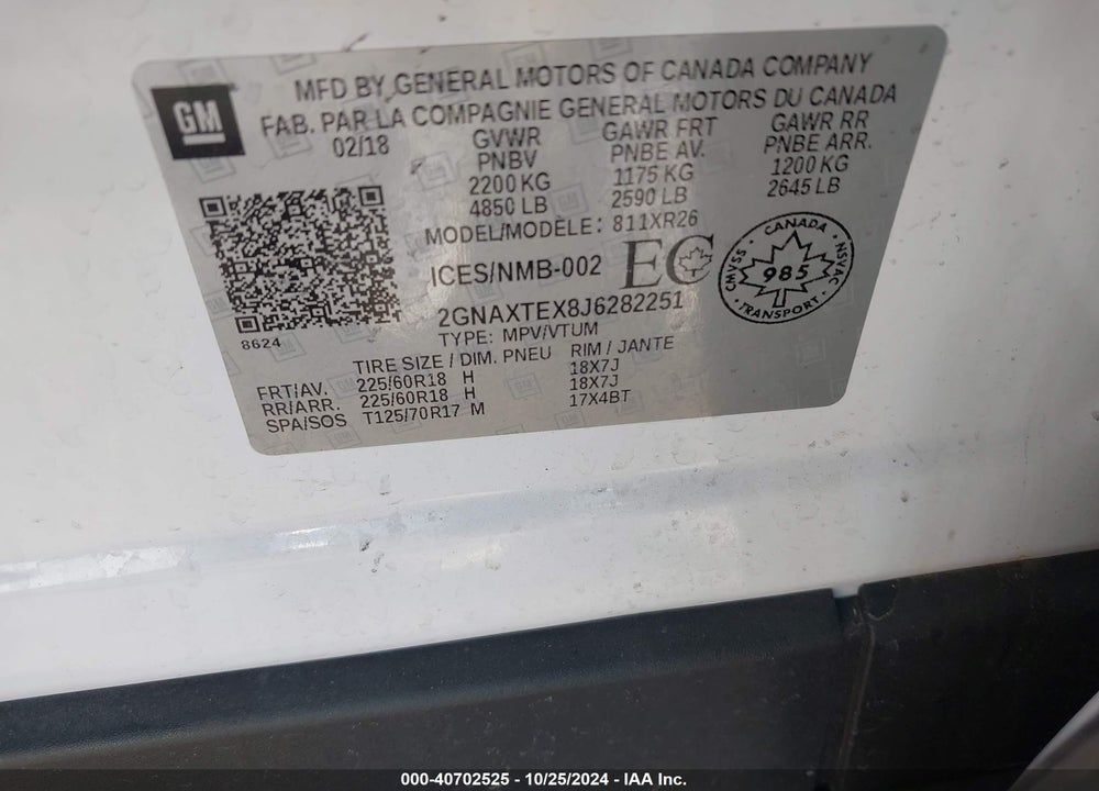 2018 CHEVROLET EQUINOX LT VIN: 2GNAXTEX8J6282251