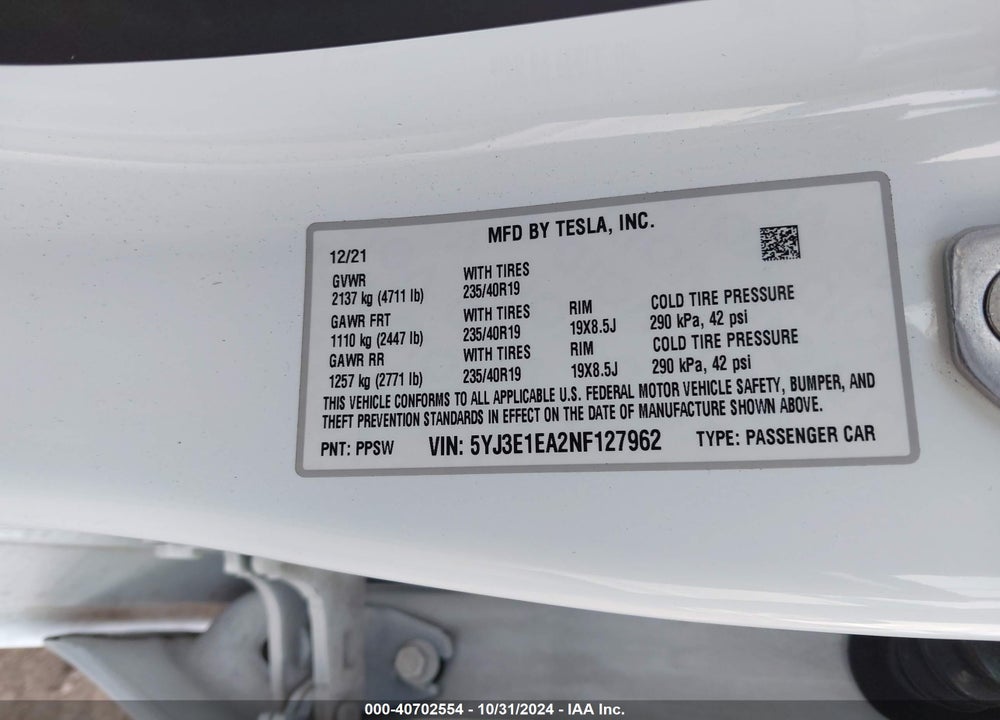 2022 TESLA MODEL 3 REAR-WHEEL DRIVE VIN: 5YJ3E1EA2NF127962
