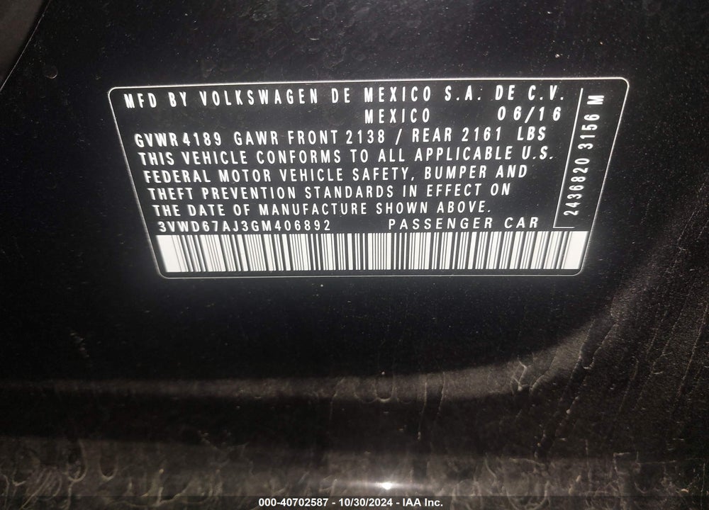 2016 VOLKSWAGEN JETTA 1.4T SE VIN: 3VWD67AJ3GM406892