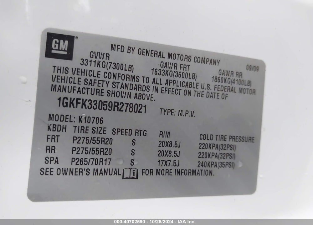 2009 GMC YUKON SLT2 VIN: 1GKFK33059R278021
