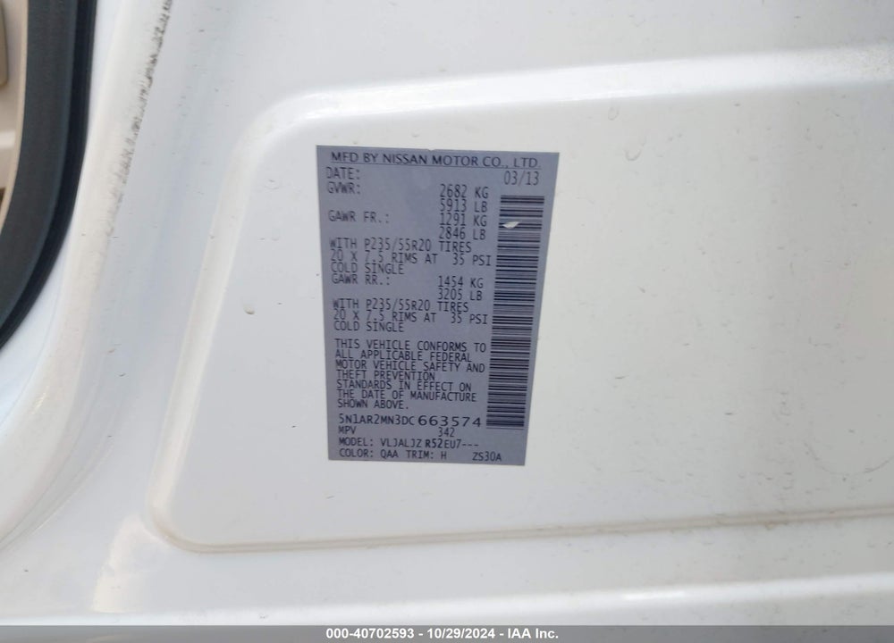 2013 NISSAN PATHFINDER PLATINUM VIN: 5N1AR2MN3DC663574