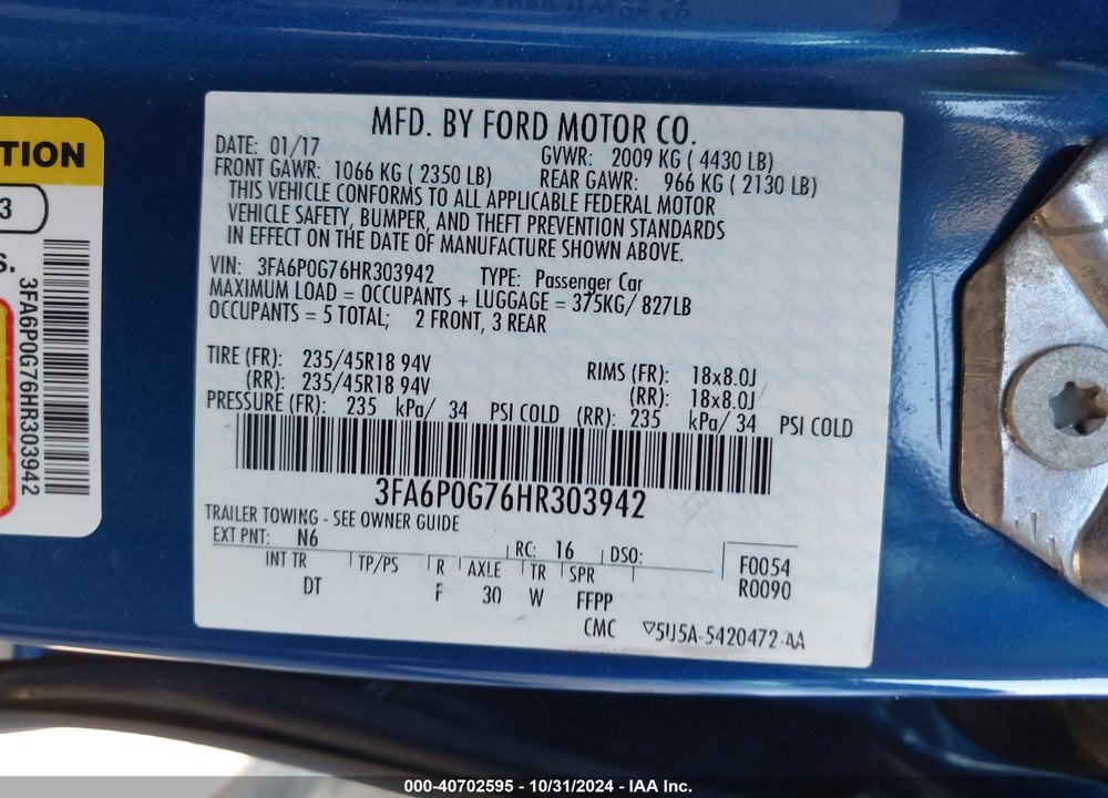 2017 FORD FUSION S VIN: 3FA6P0G76HR303942