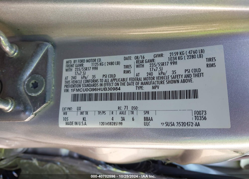2017 FORD ESCAPE SE VIN: 1FMCU0G96HUB30984