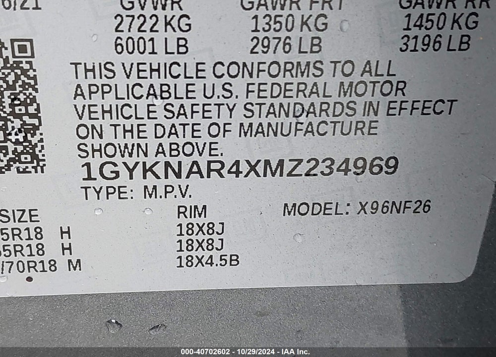 2021 CADILLAC XT5 FWD LUXURY VIN: 1GYKNAR4XMZ234969