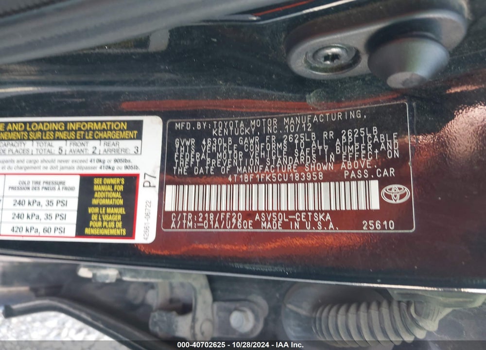 2012 TOYOTA CAMRY SE VIN: 4T1BF1FK5CU183958