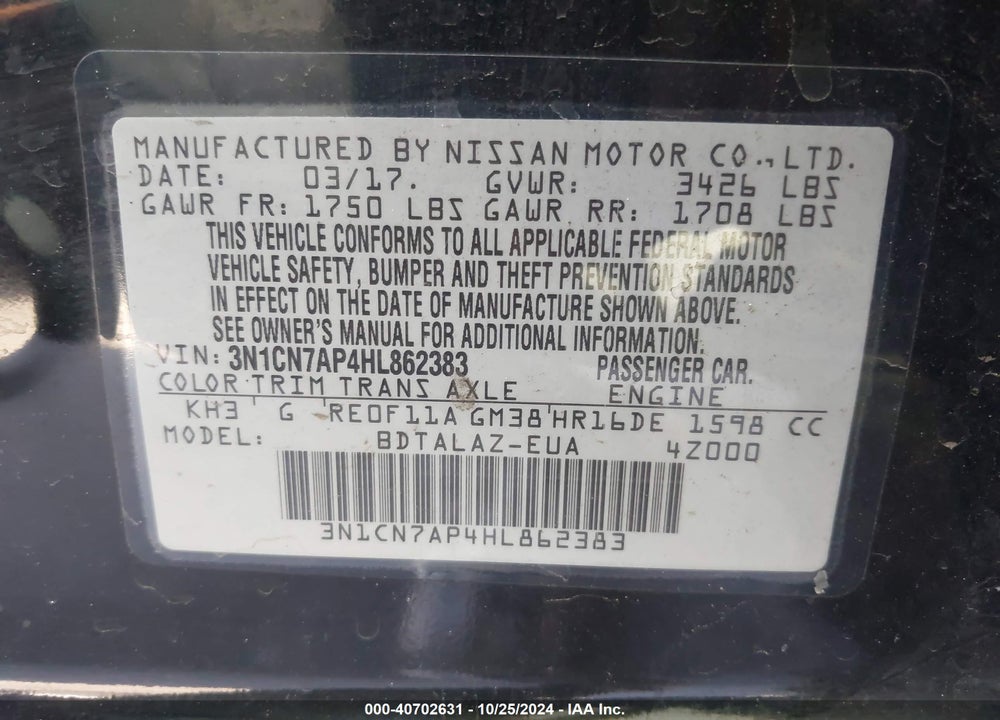 2017 NISSAN VERSA 1.6 S+ VIN: 3N1CN7AP4HL862383
