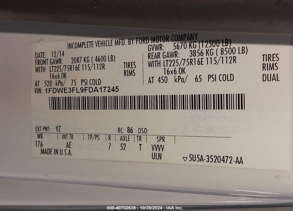 2015 FORD E-350 CUTAWAY VIN: 1FDWE3FL9FDA17245