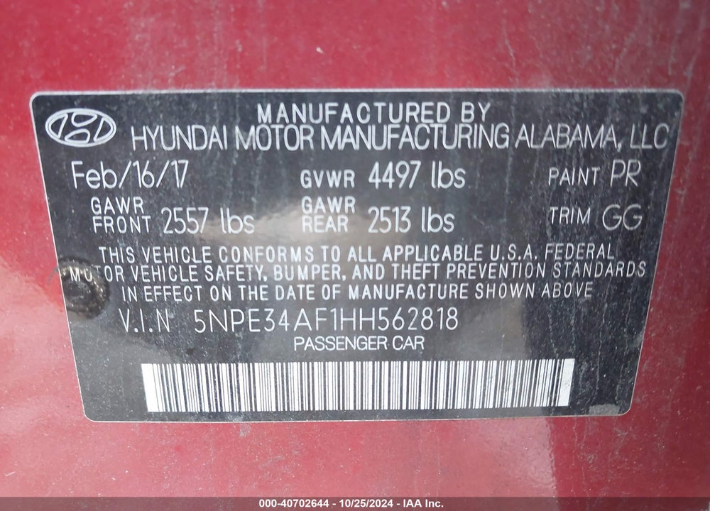 2017 HYUNDAI SONATA SPORT VIN: 5NPE34AF1HH562818