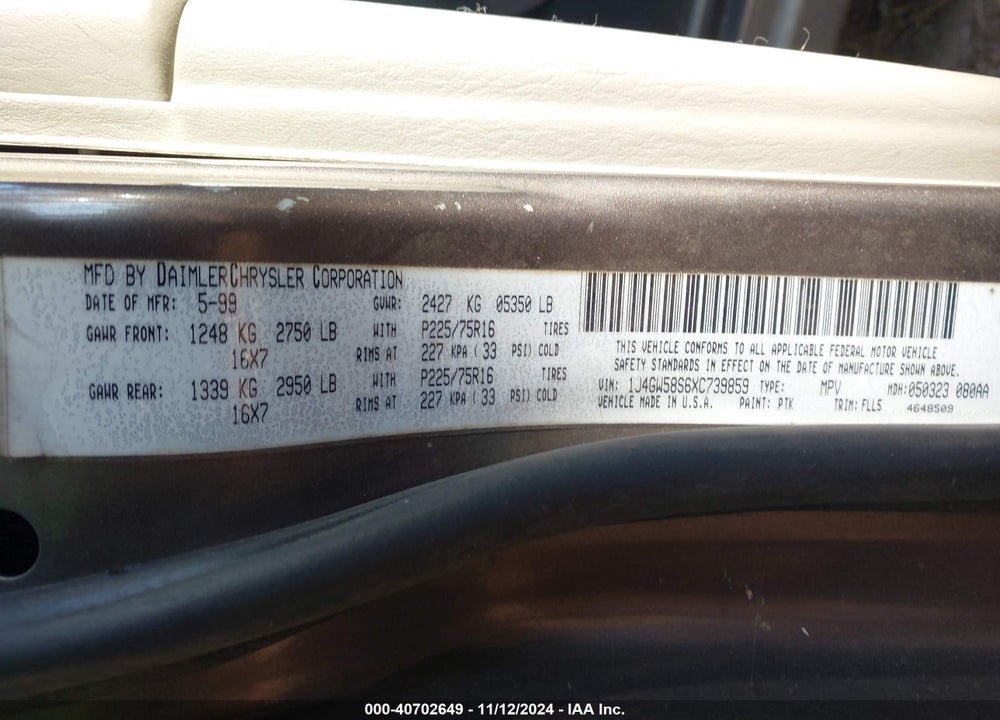 1999 JEEP GRAND CHEROKEE LAREDO VIN: 1J4GW58S6XC739859
