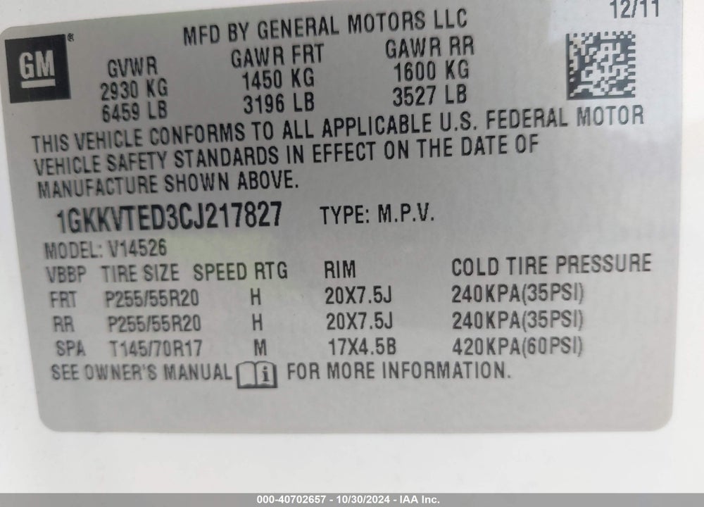 2012 GMC ACADIA DENALI VIN: 1GKKVTED3CJ217827