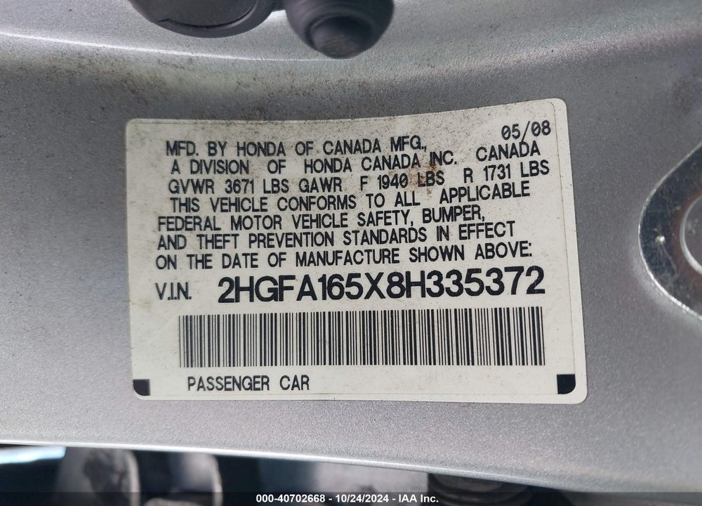 2008 HONDA CIVIC LX VIN: 2HGFA165X8H335372