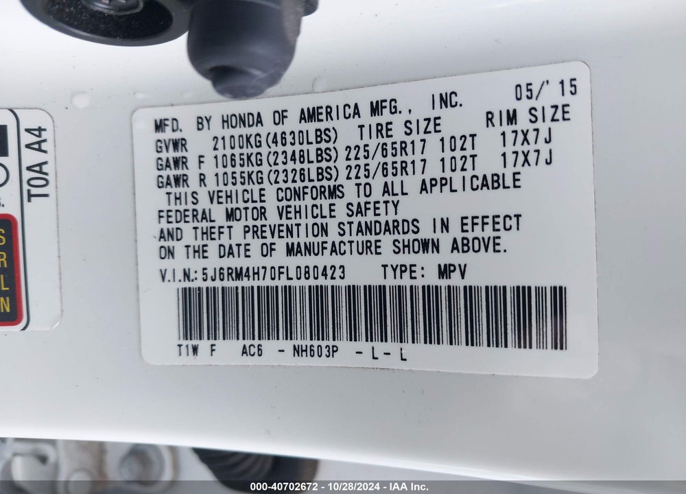 2015 HONDA CR-V EX-L VIN: 5J6RM4H70FL080423