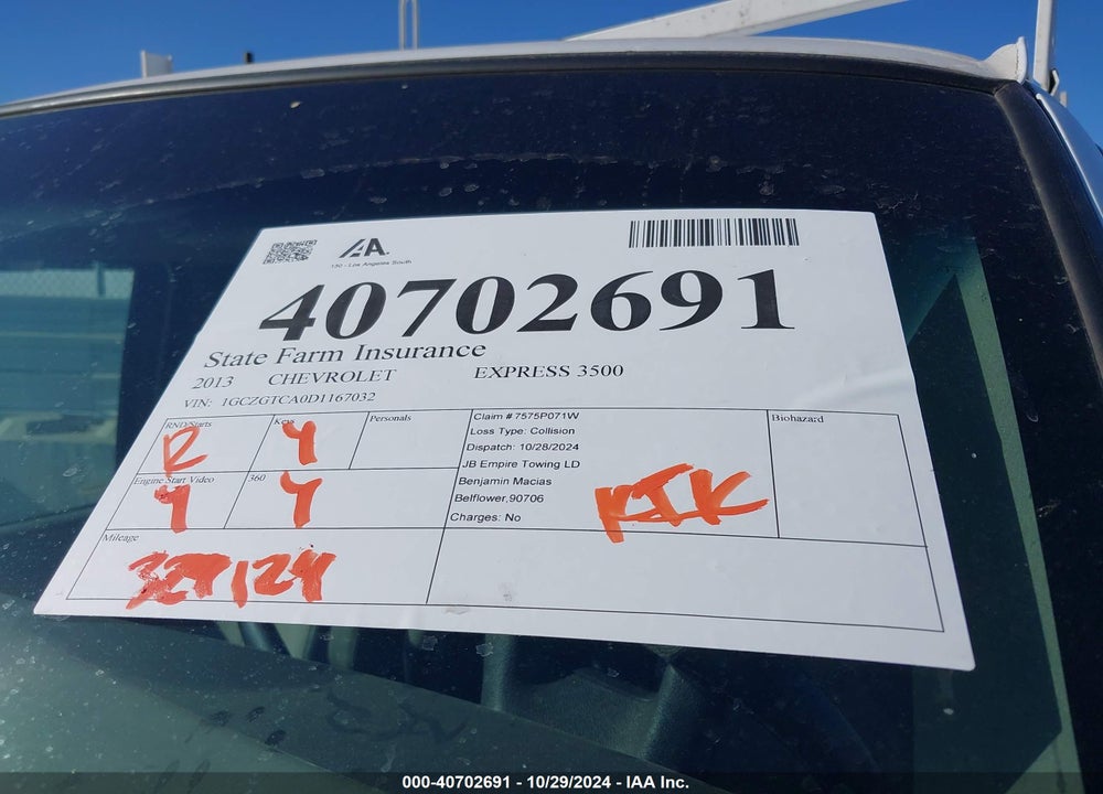 2013 CHEVROLET EXPRESS 3500 WORK VAN VIN: 1GCZGTCA0D1167032