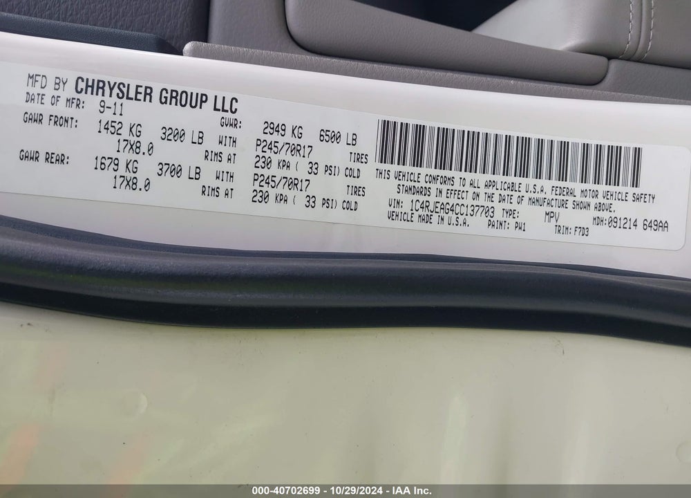 2012 JEEP GRAND CHEROKEE LAREDO VIN: 1C4RJEAG4CC137703