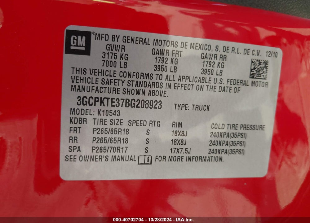 2011 CHEVROLET SILVERADO 1500 LTZ VIN: 3GCPKTE37BG208923
