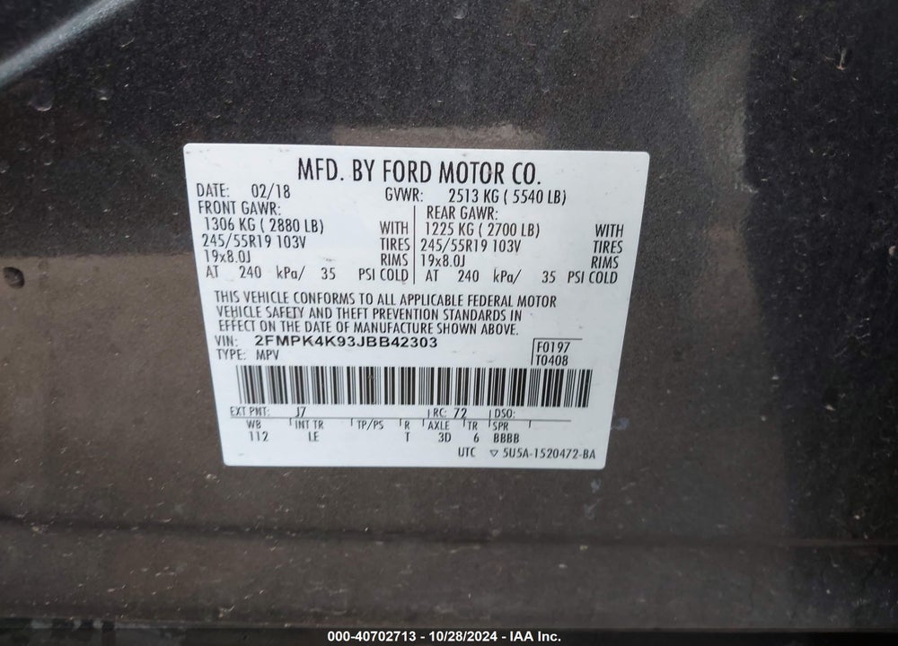 2018 FORD EDGE TITANIUM VIN: 2FMPK4K93JBB42303